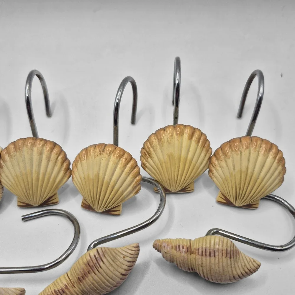 Sea Shells Shower Curtain Hooks Set of 12 Ocean Beach House Cream Beige Tan